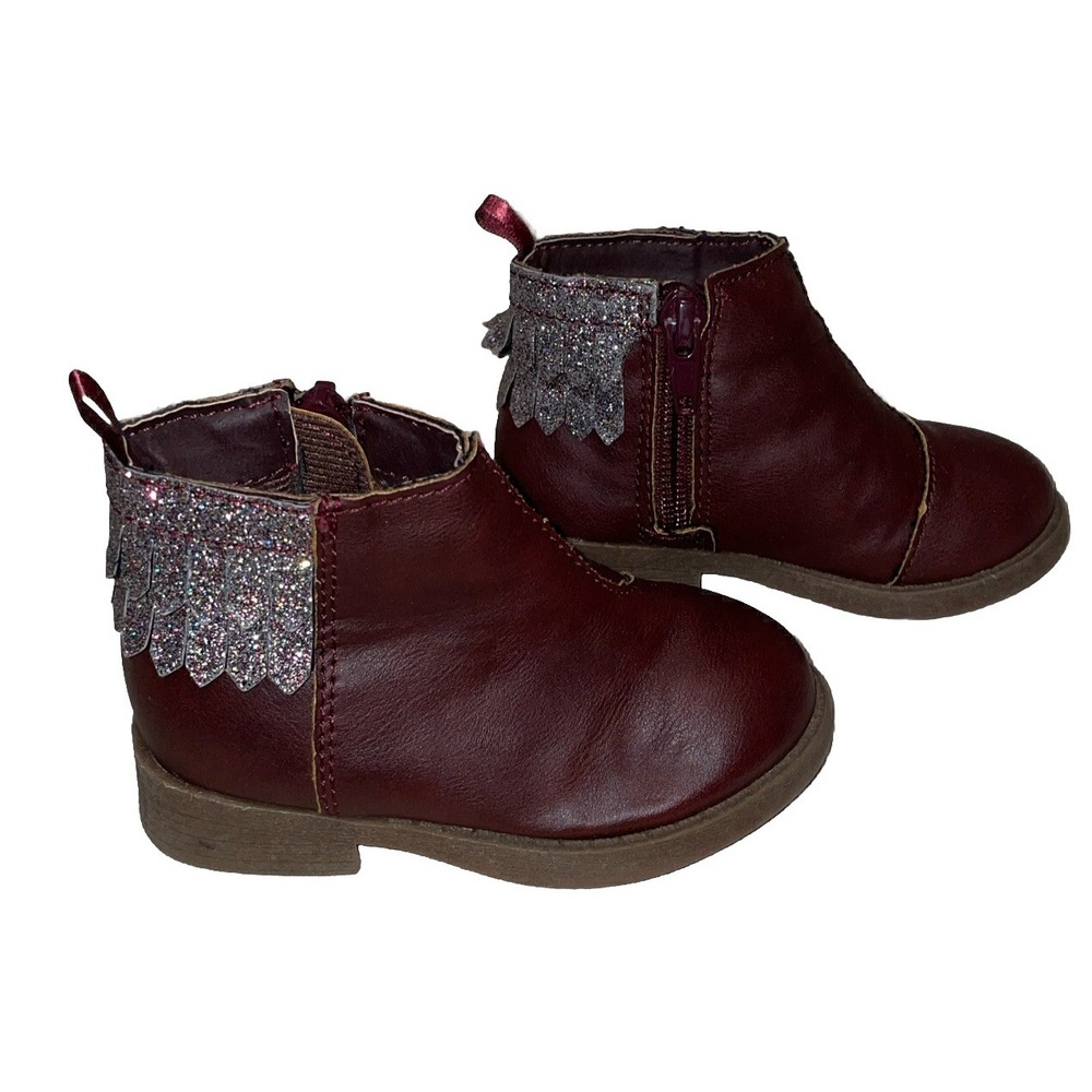 OshKosh Kids Size 5 Ankle Boots Burgundy Glitter Fringe Booties